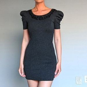 Dark grey cocktail dress, black beads along collar, size S